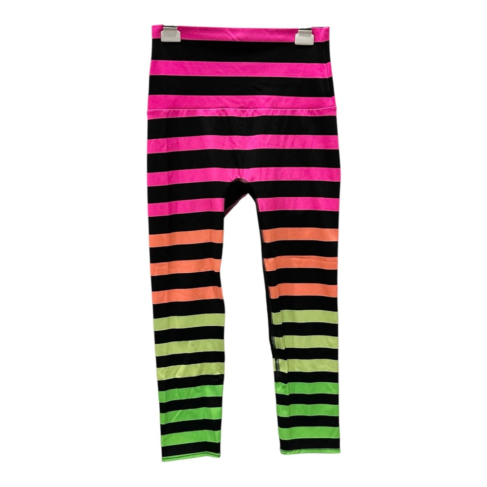 K-DEER Women Neon Rainbow Stripe Capri Leggings Black Pink Green Size S Yoga